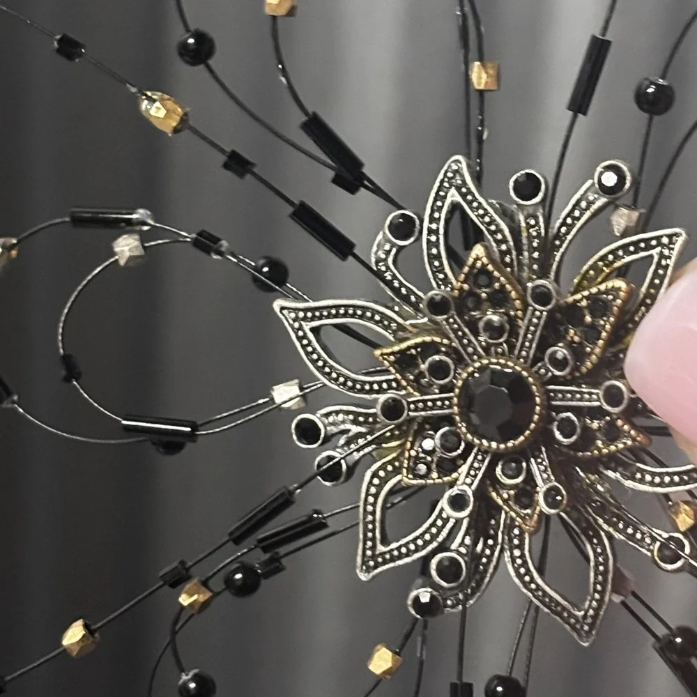 Large‎ Statement Flower Starburst Brooch Pin Black Rhinestone Beaded Silver Tone